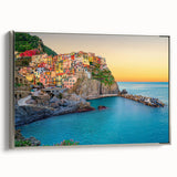 Framed canvas landscape art painting of Cinque Terre with vibrant coastal colors.