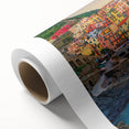 Art deco poster of Cinque Terre with pastel shades on rolled canvas, suitable for dining room wall art.
