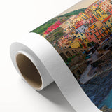 Art deco poster of Cinque Terre with pastel shades on rolled canvas, suitable for dining room wall art.