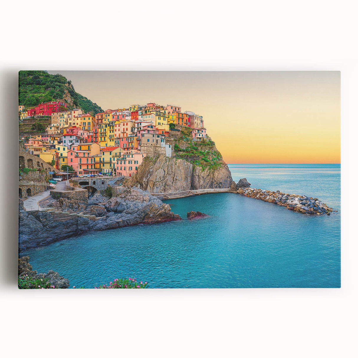 Black and white stretched canvas of Cinque Terre landscape, ideal for kitchen wall art or bedroom ambiance.