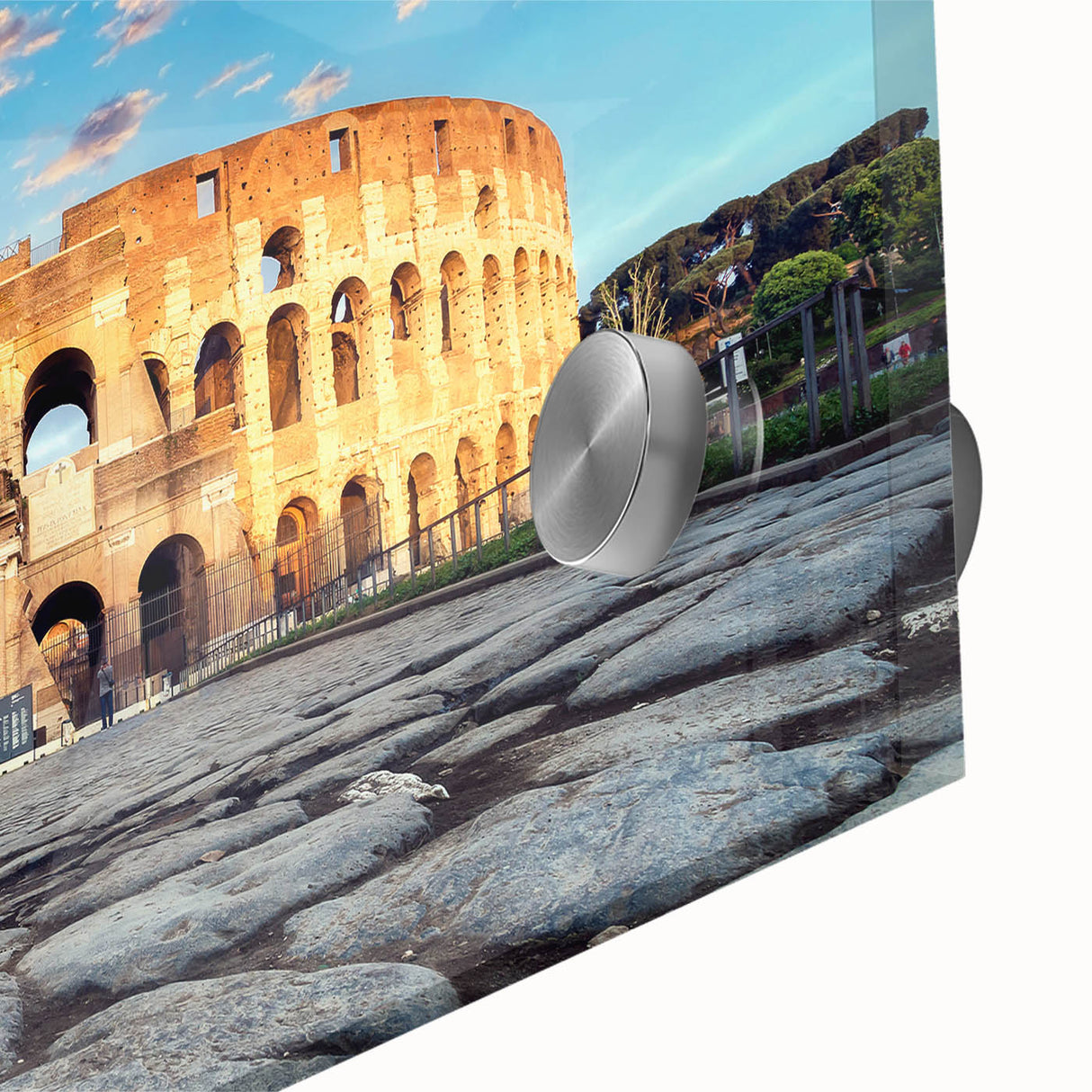 Mid-century modernist acrylic print of the Colosseum in muted earth tones, ideal for dining room art.