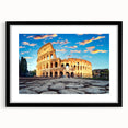 Extra large framed print of an abstract colorful art depiction of the Colosseum in Italy, ideal for living room decor.