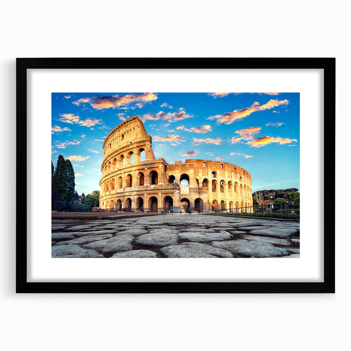 Extra large framed print of an abstract colorful art depiction of the Colosseum in Italy, ideal for living room decor.