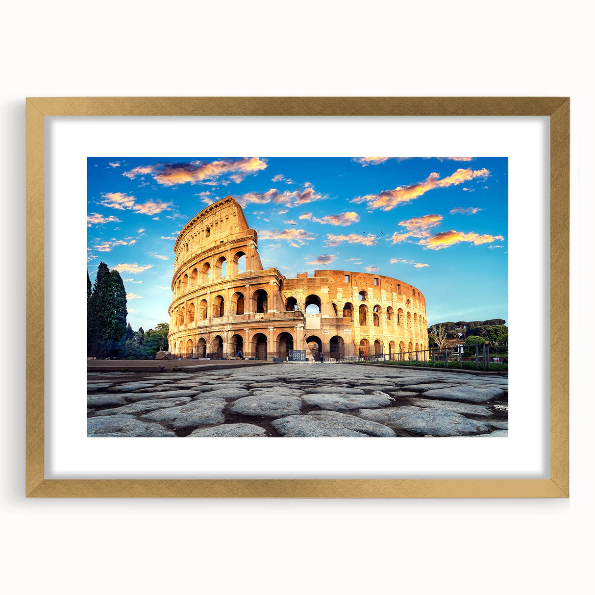 Abstract art print of the Colosseum in muted gold and brown tones, framed with a gold mat.