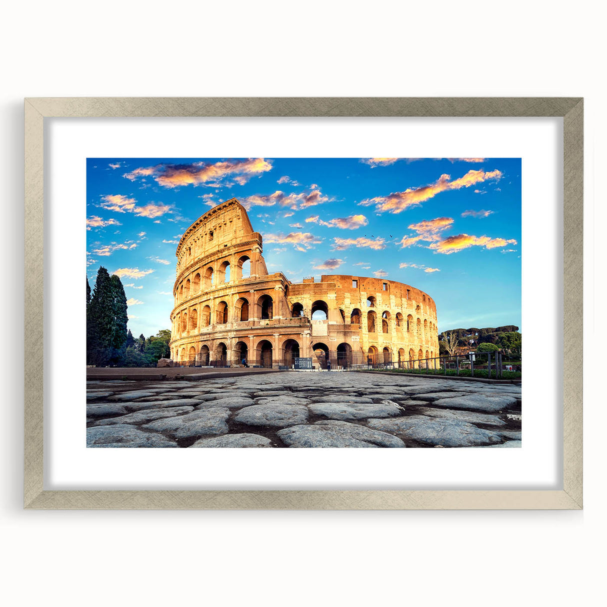 Extra large wall art of the Colosseum in muted earth tones, framed in silver, ideal for living room decor.