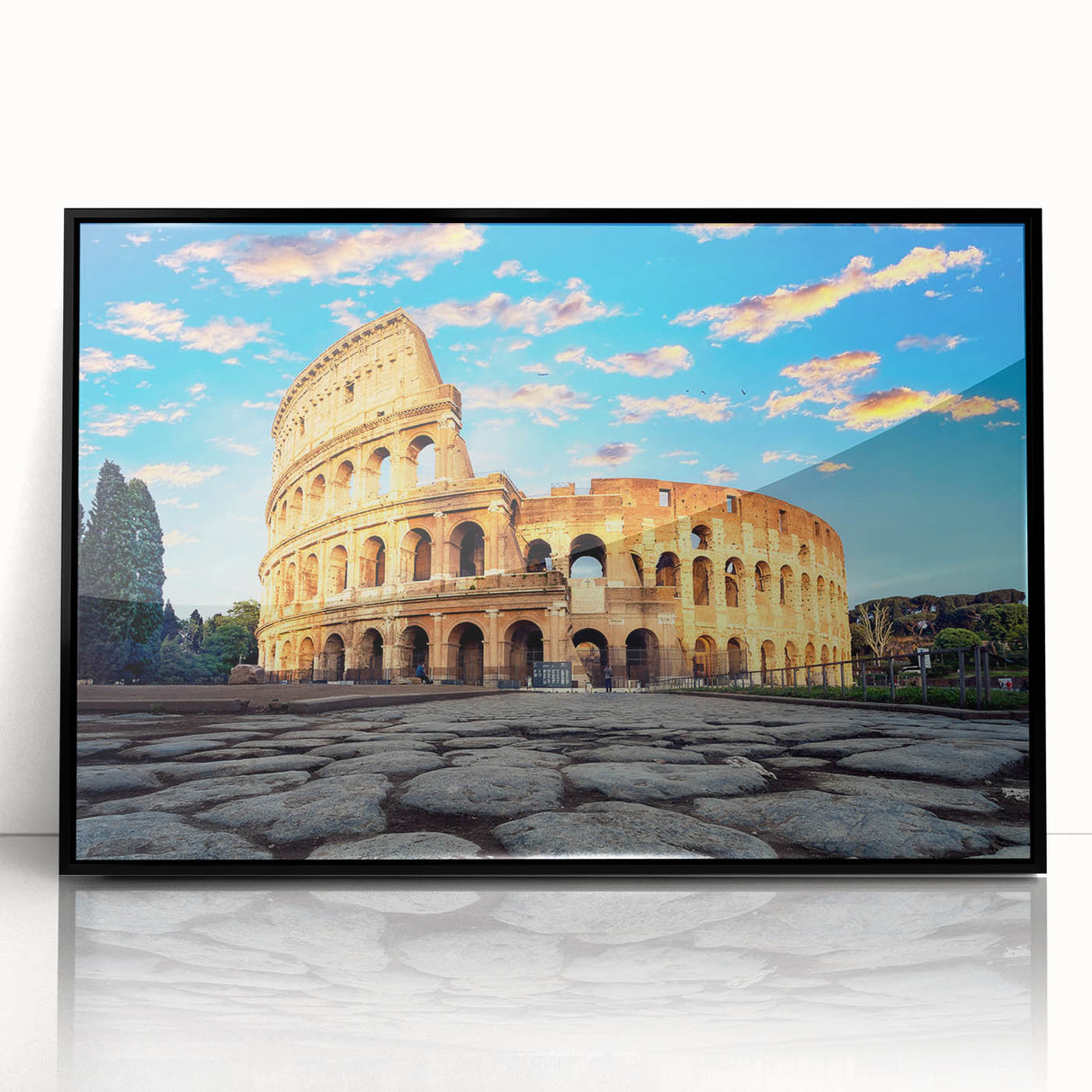 Large abstract wall art of the Colosseum in muted earth tones on framed acrylic, ideal for modern living room decor.