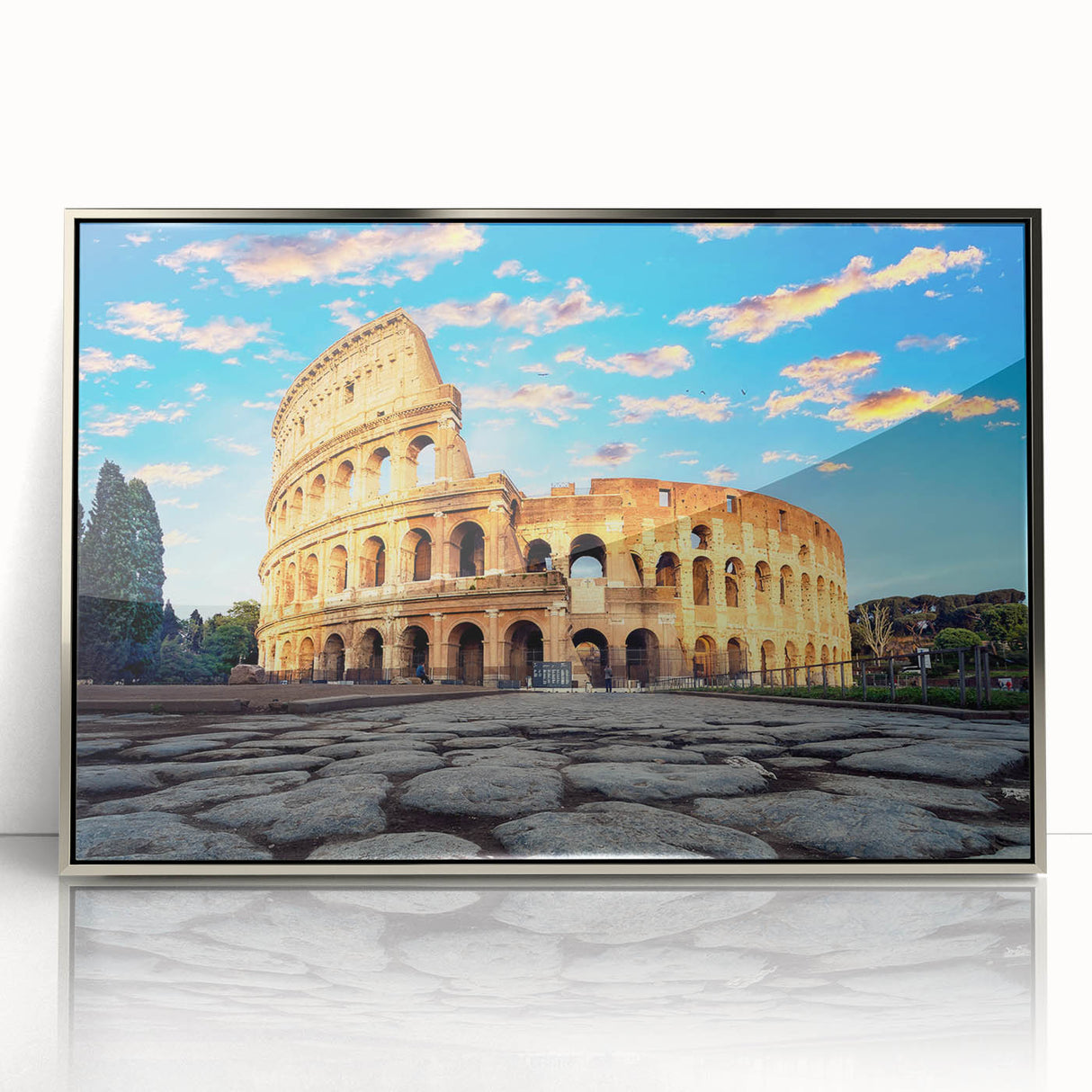 Mid-century modernist art of the Colosseum in muted earth tones on a framed acrylic, suitable for modern art wall decor.