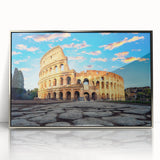 Mid-century modernist art of the Colosseum in muted earth tones on a framed acrylic, suitable for modern art wall decor.