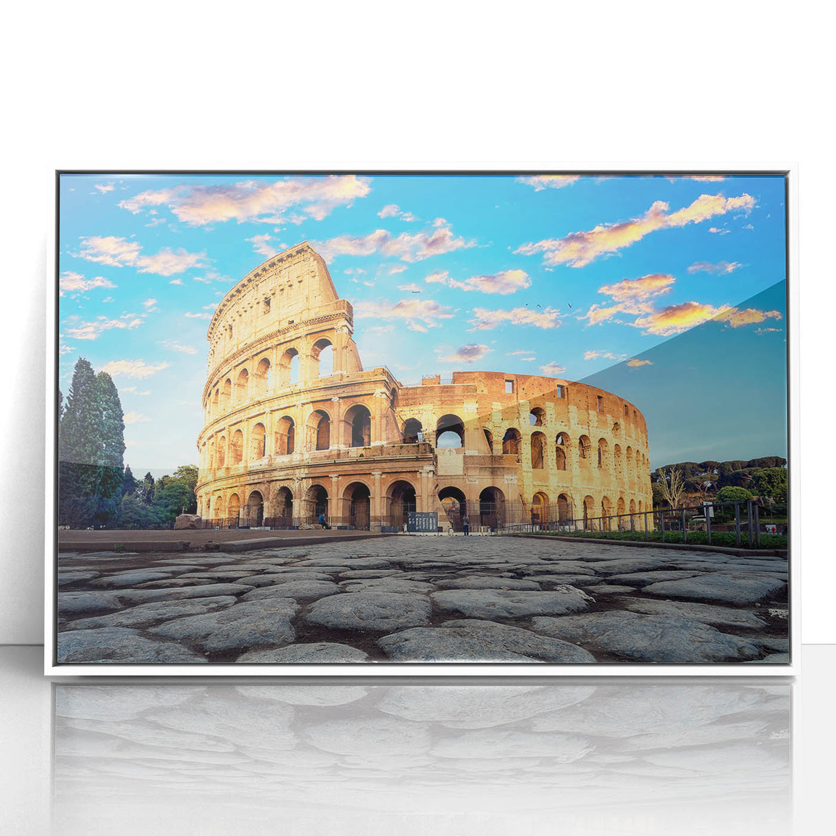 Mid-century modernist art of the Colosseum in muted earth tones, framed acrylic, ideal for modern art wall decor.