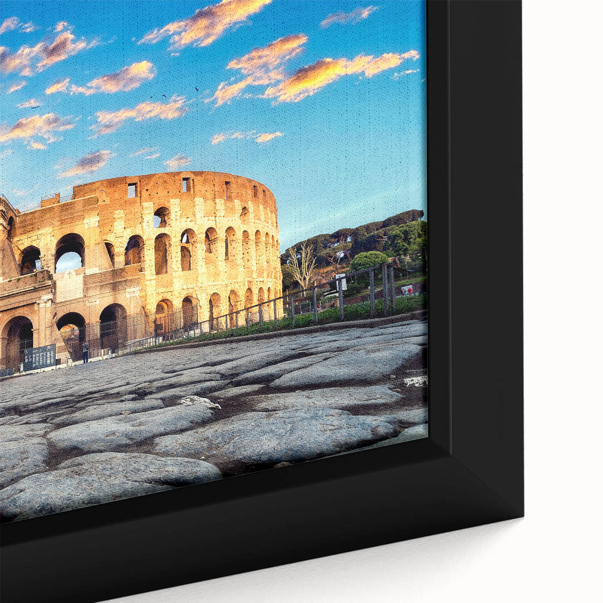 Black wall art featuring a textured close-up of the Colosseum in vibrant colors on a framed canvas.