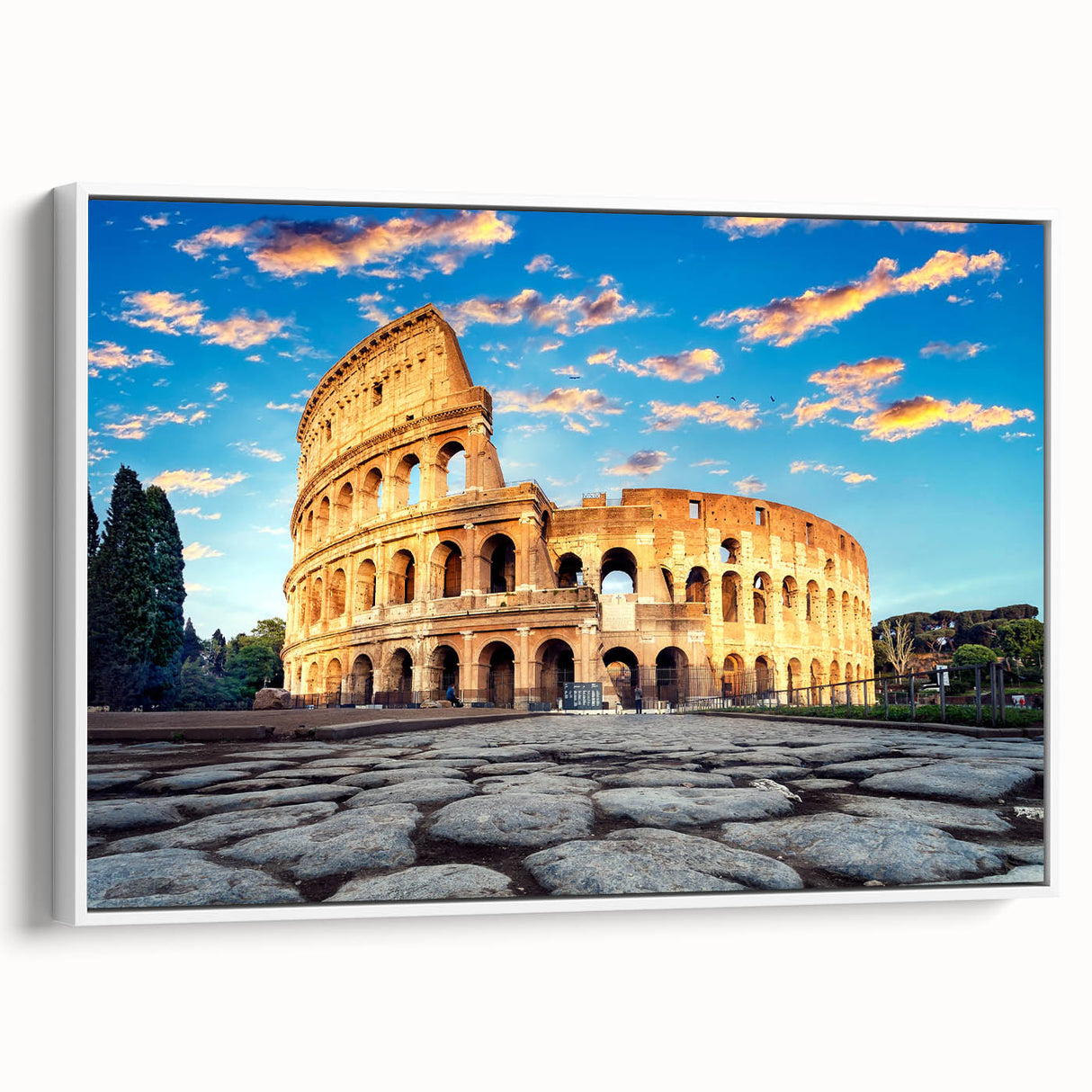 Vintage poster art of the Colosseum in Rome, featuring muted earth tones on a framed canvas, ideal for living room decor.