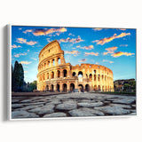 Vintage poster art of the Colosseum in Rome, featuring muted earth tones on a framed canvas, ideal for living room decor.