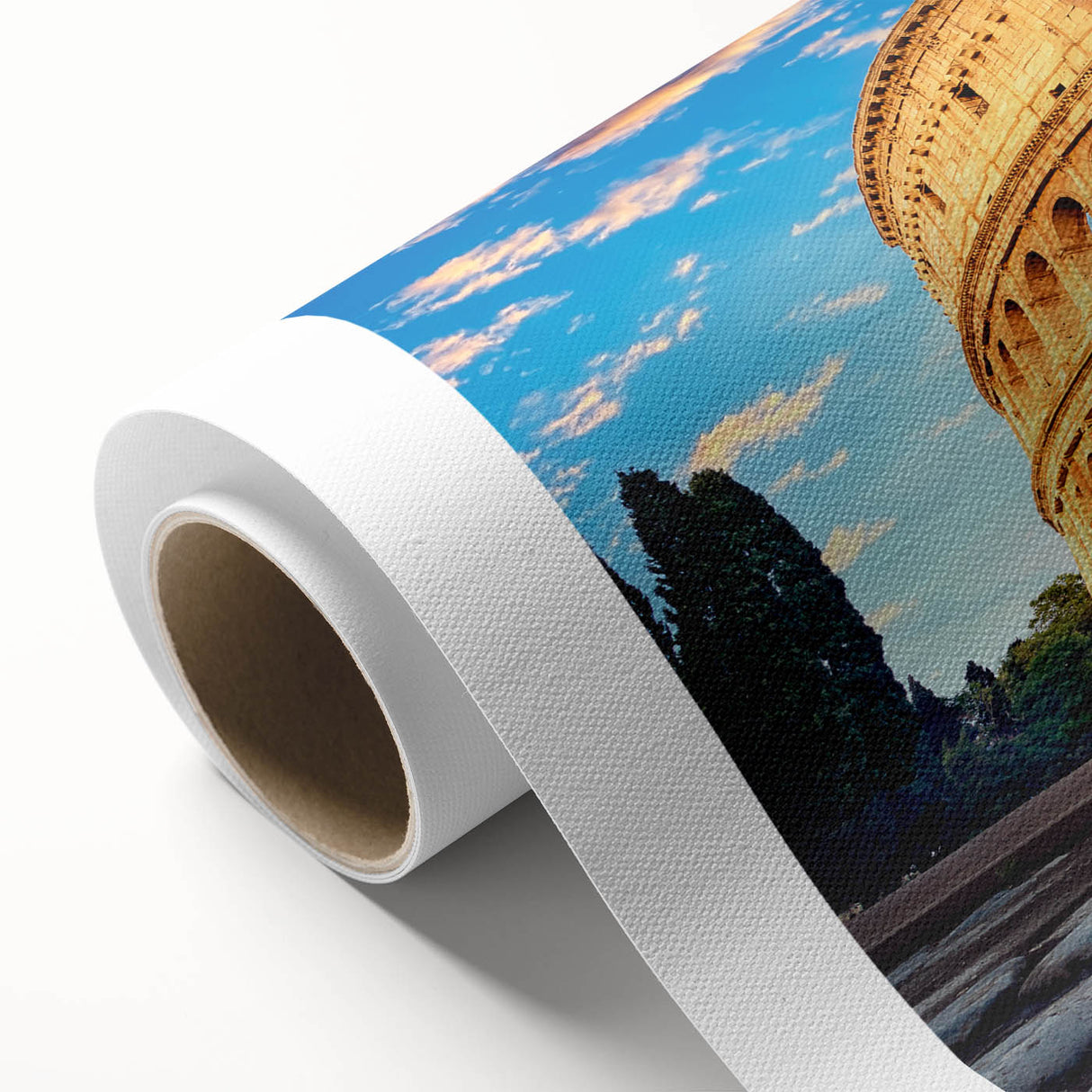 Art deco poster of the Colosseum in Italy with muted earth tones on rolled canvas, ideal for nursery wall art.
