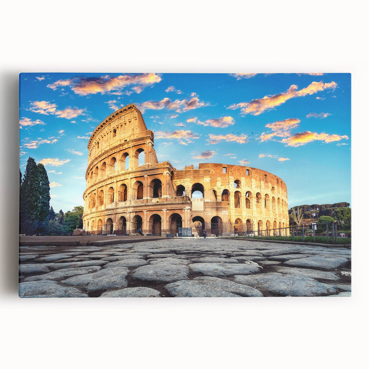 Black and white print of the Colosseum in Rome on stretched canvas, suitable as kitchen wall art or for a bedroom.