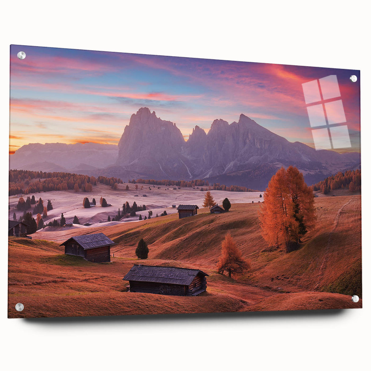 Acrylic print of the Dolomites in Italy, featuring a detailed mountain landscape in muted earth tones.