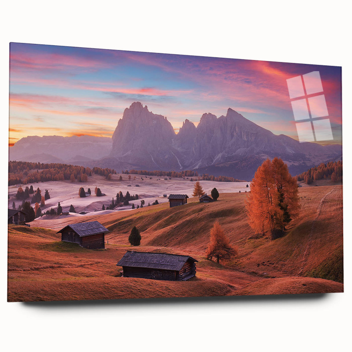 Acrylic print of the Dolomites in Italy featuring muted earth tones, ideal for bedroom or dining room art.