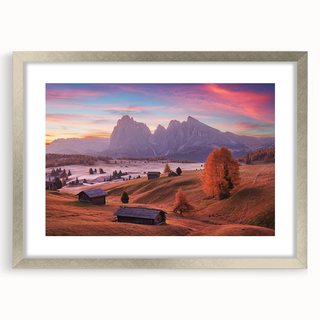 Extra large framed wall art of abstract Dolomites scenery in muted earth tones, ideal for living room decor.