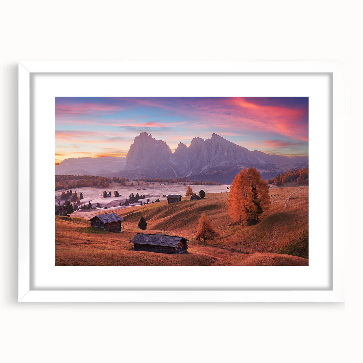 Textured art print of the Dolomites in muted earth tones on a framed canvas, suitable for bedroom decor.