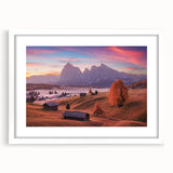 Textured art print of the Dolomites in muted earth tones on a framed canvas, suitable for bedroom decor.
