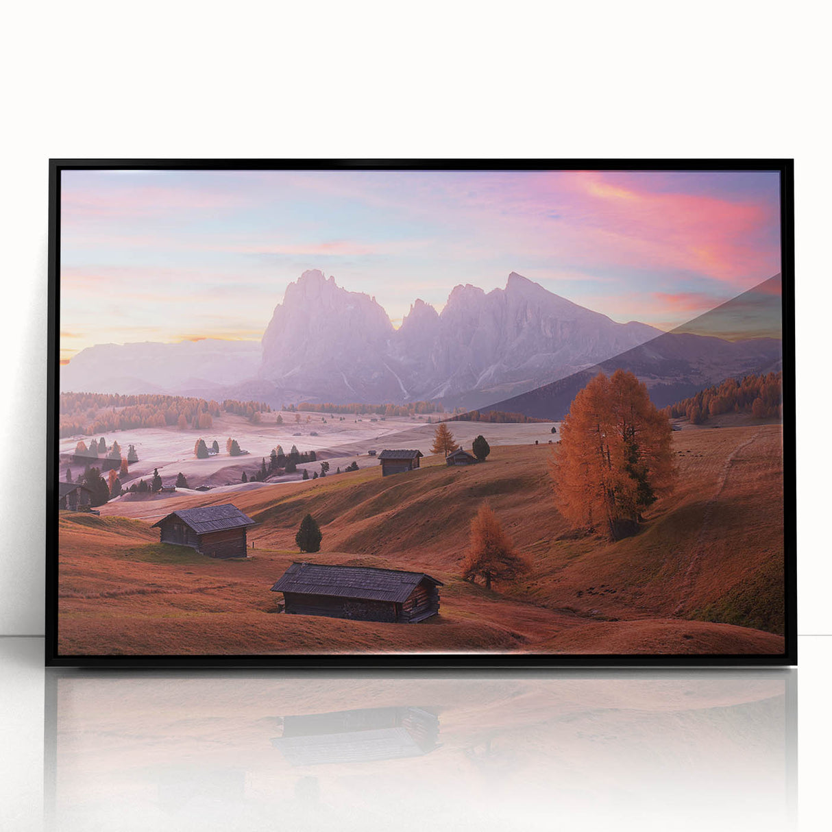 Large abstract wall art of the Dolomites in muted earth tones, framed in black acrylic, ideal for modern living room decor.