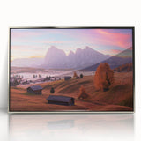 Framed acrylic print featuring a serene Dolomite landscape in muted earth tones, ideal for modern art wall decor.