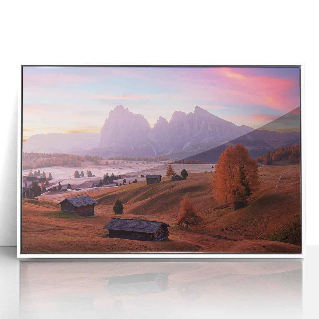 Mid-century modernist art depicting the Dolomites in Italy, in a framed acrylic print with muted earth tones.