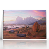 Mid-century modernist art depicting the Dolomites in Italy, in a framed acrylic print with muted earth tones.