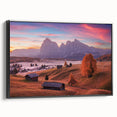 Black and white landscape art of the Dolomites on framed canvas, ideal for bedroom wall decor.