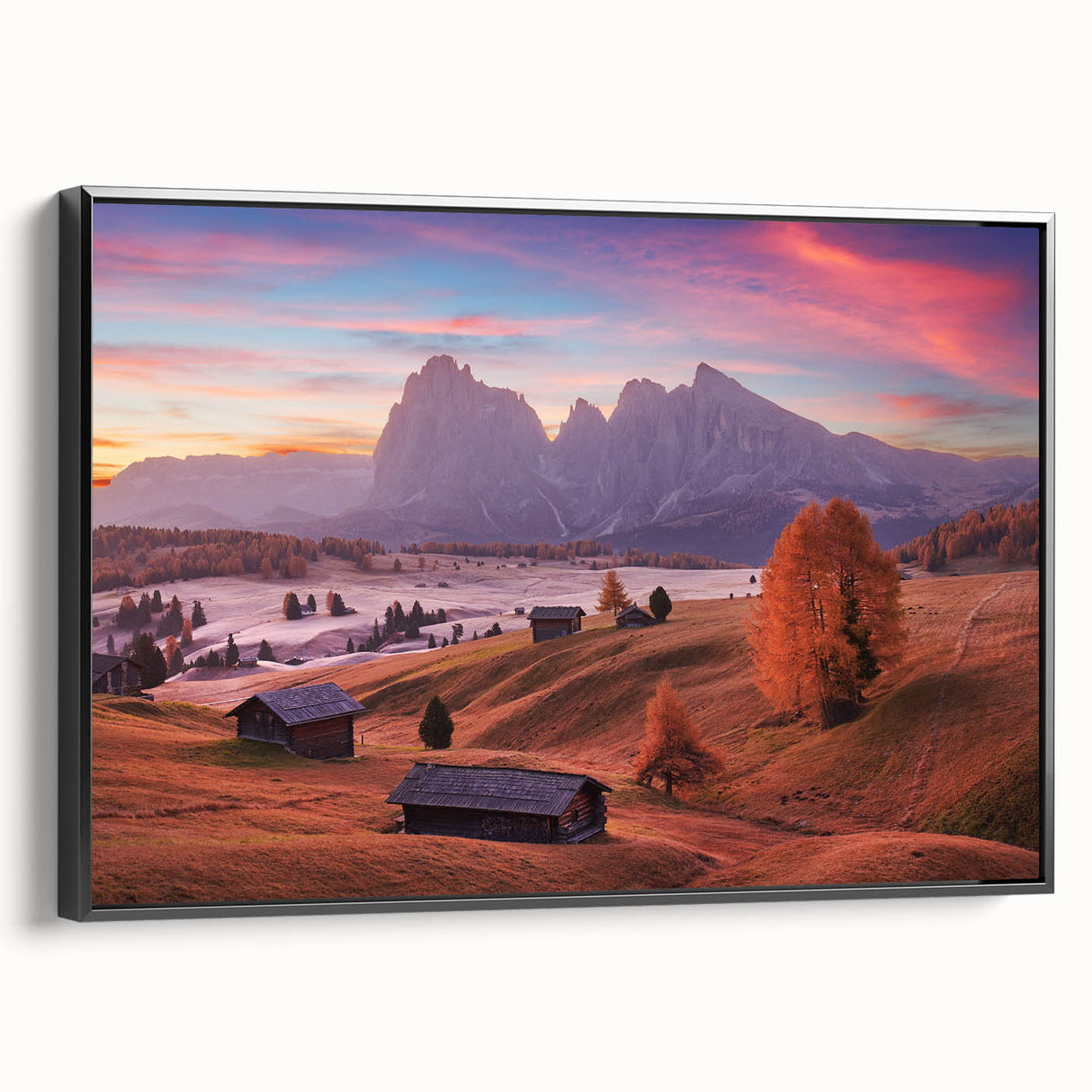 Black and white landscape art of the Dolomites on framed canvas, ideal for bedroom wall decor.