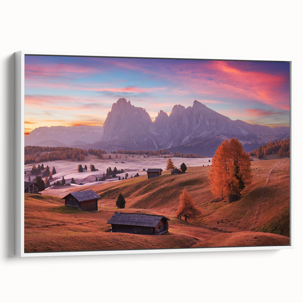 Vintage poster art of the Dolomites in vibrant colors on a large white framed canvas, suitable for living room decor.