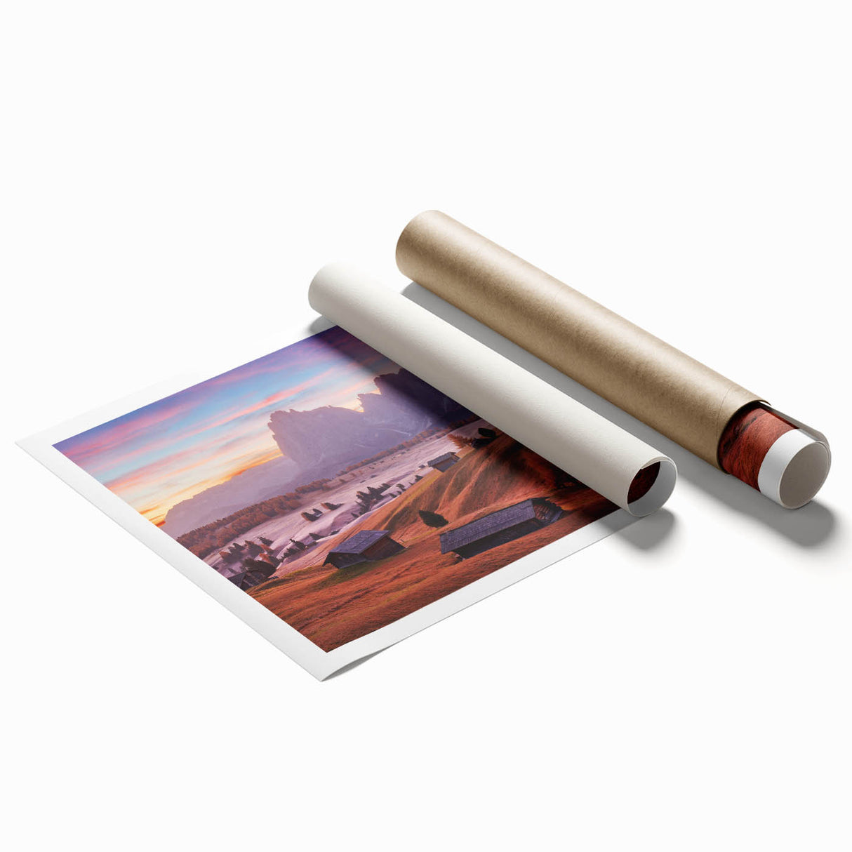 Scenic Dolomites landscape on rolled print, featuring soft pastel tones, ideal for classy bathroom wall art.