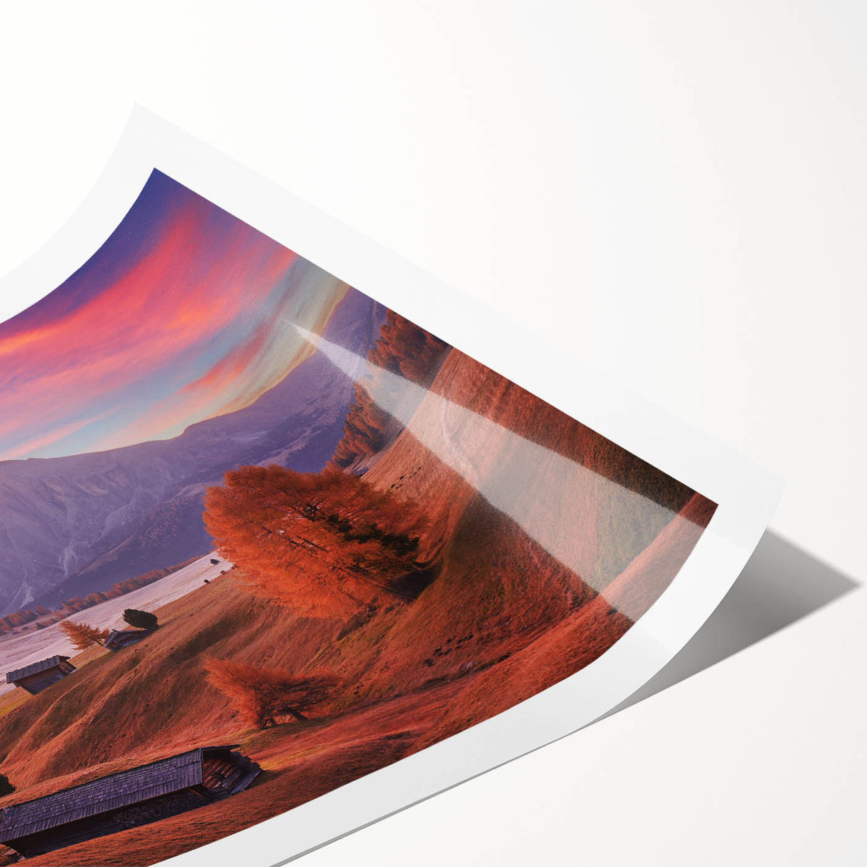 Extra large wall art of the Dolomites in Italy, featuring floral line art on rolled print, ideal for large living room decor.