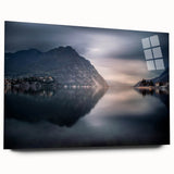Acrylic print of Lake Como with lush landscapes in muted greens and blues, ideal for bedroom or dining room art.