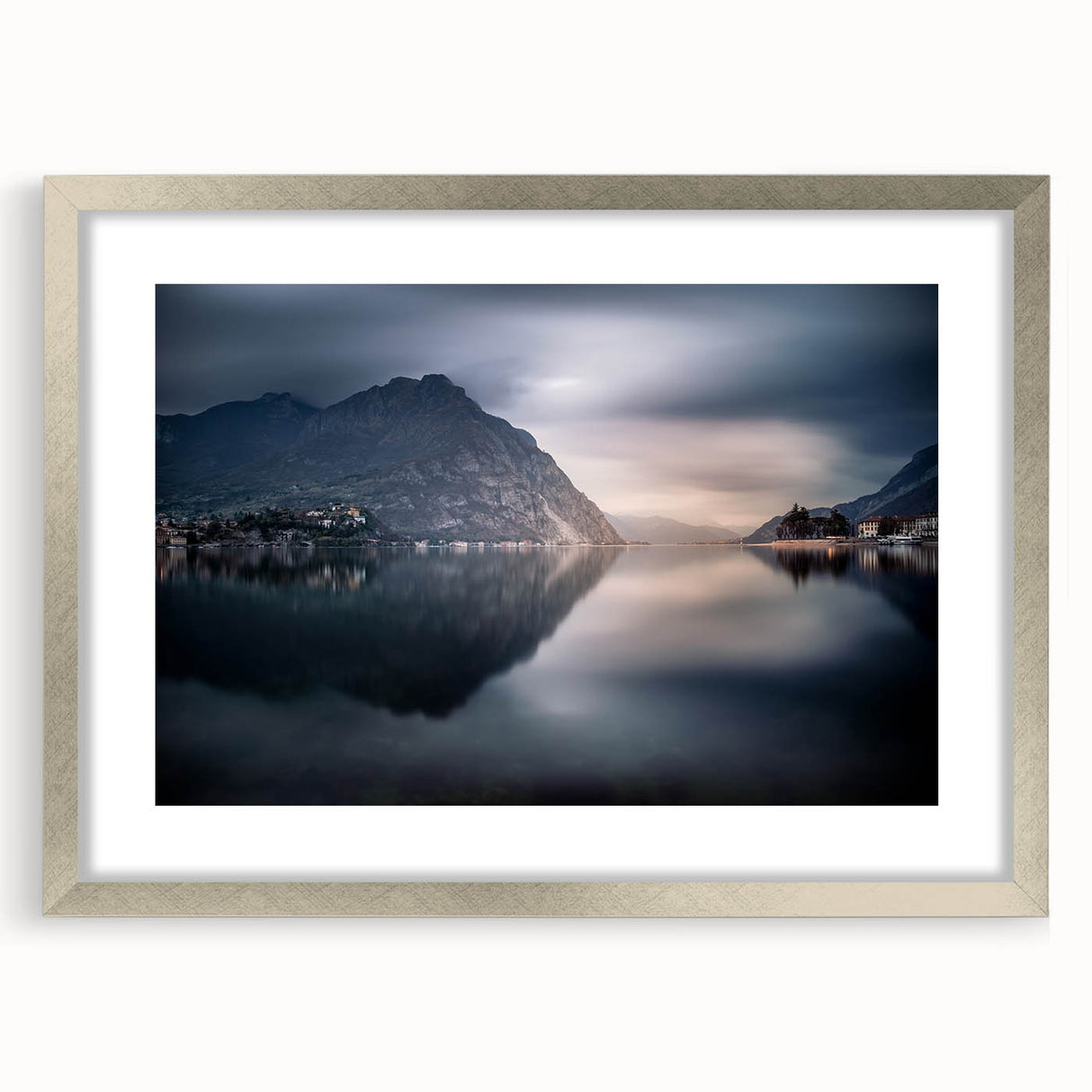 Extra large framed wall art featuring an abstract textured depiction of Lake Como in muted earth tones.