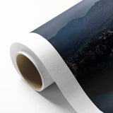 Art Deco poster of Lake Como with soft blue and green hues on rolled canvas, ideal for nursery wall art.
