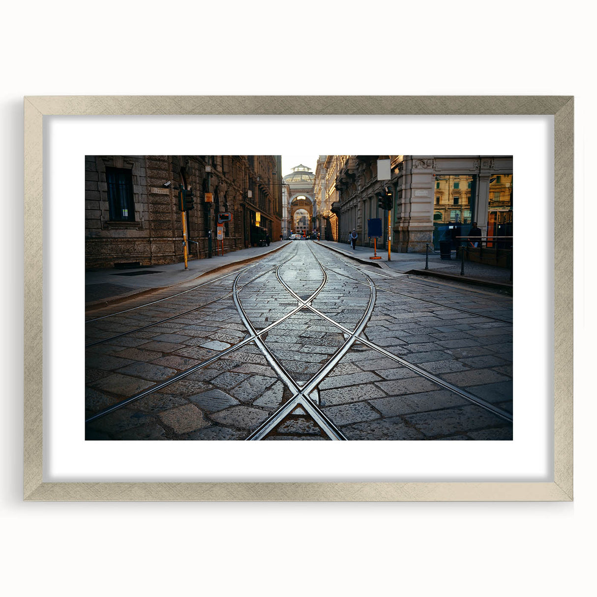 Extra large abstract art print of Milan scenery in muted earth tones on a textured canvas, framed in silver.