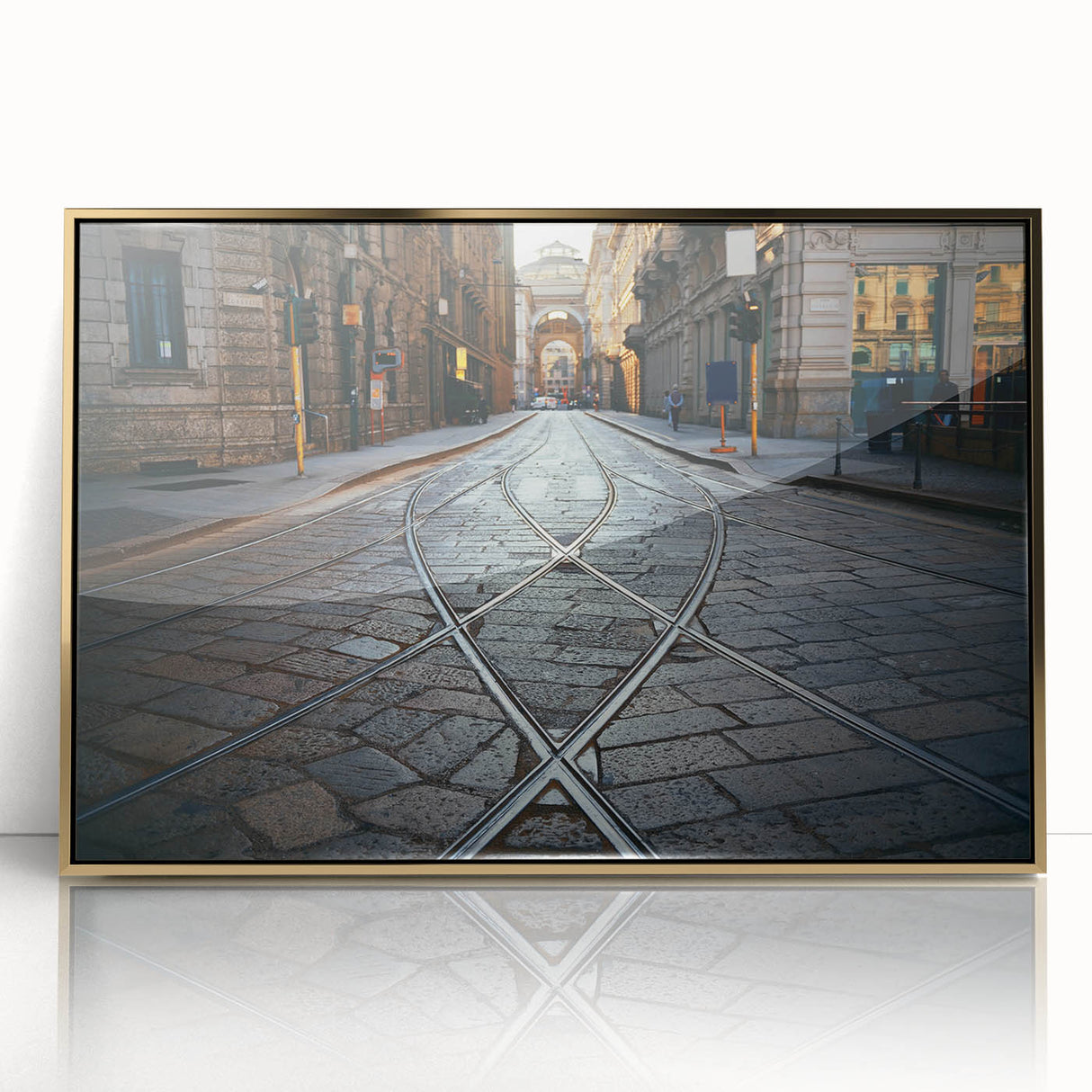 Art deco poster of Milan scenery with gold acrylic frame, featuring muted earth tones, ideal for modern art wall decor.