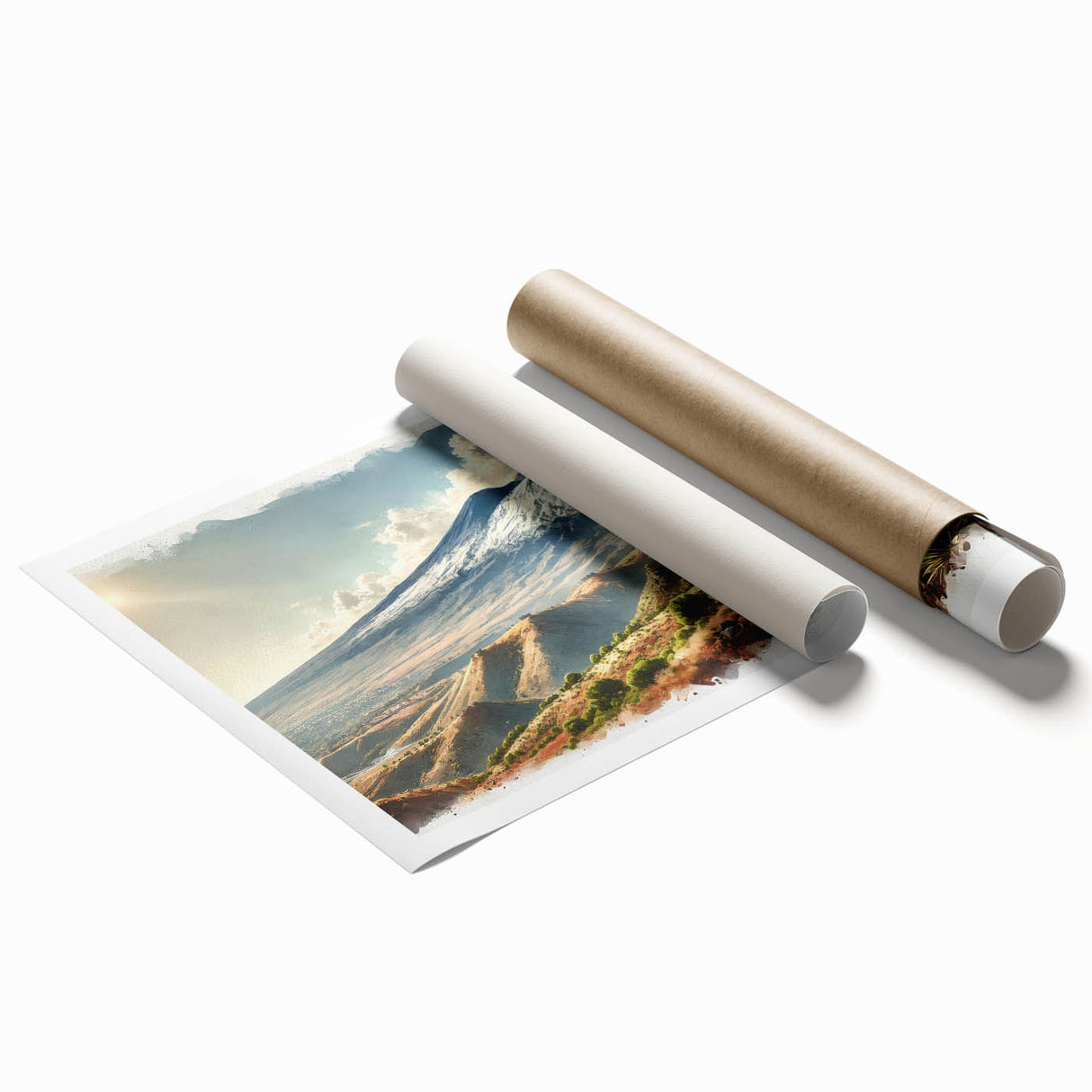 Extra large rolled print of Mount Etna with floral foreground in soft earth tones.