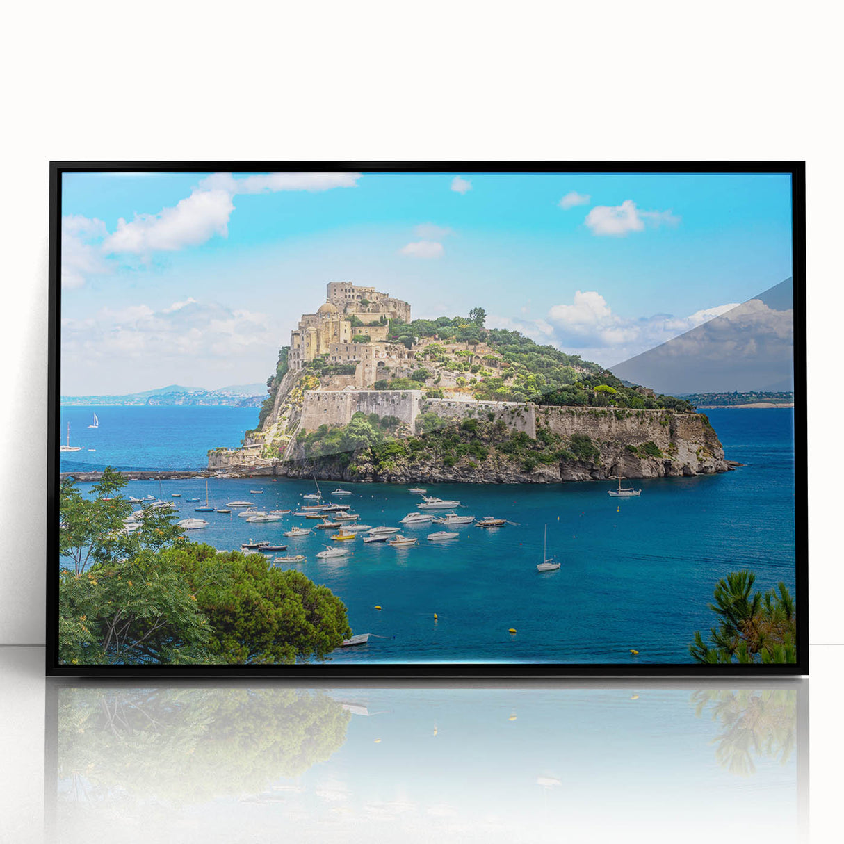 Large abstract wall art depicting a stylized Naples scenery in muted earth tones, framed in black acrylic.