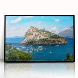 Large abstract wall art depicting a stylized Naples scenery in muted earth tones, framed in black acrylic.
