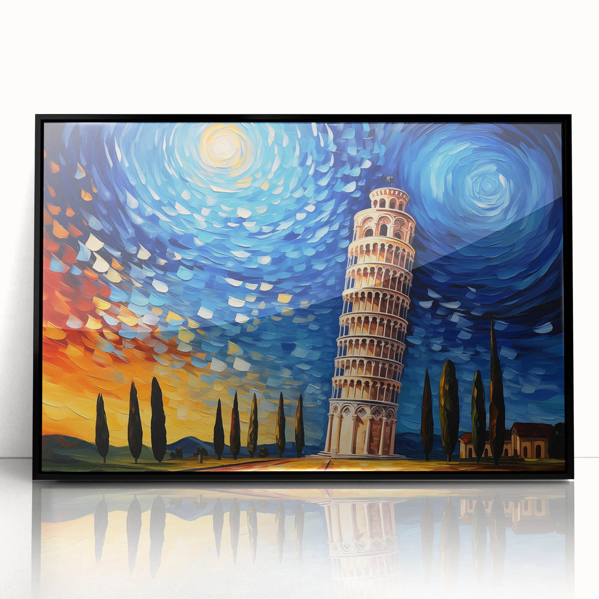 Large abstract wall art depicting the Leaning Tower of Pisa in muted tones on a black framed acrylic.
