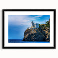 Extra large abstract art print of a colorful Portofino scenery on textured canvas, framed in black.