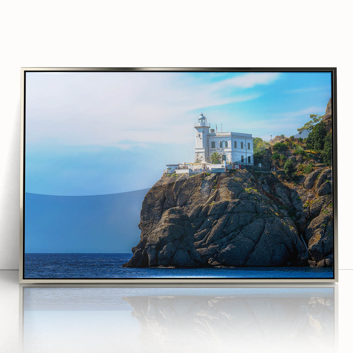 Mid-century modernist art of Portofino, Italy in vibrant colors on a silver-framed acrylic print.