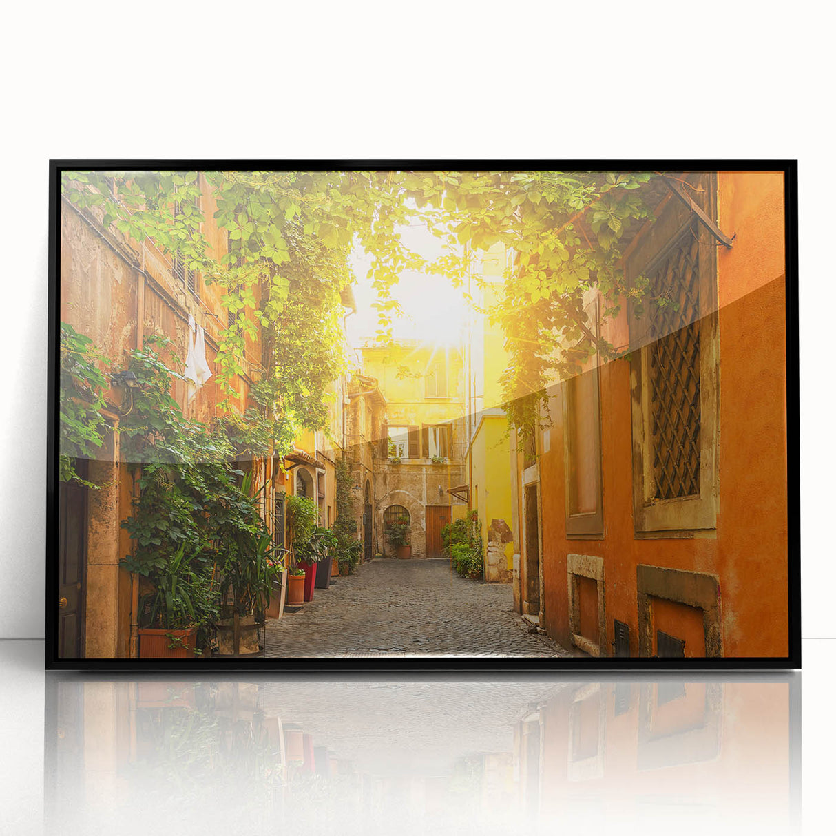Large abstract wall art depicting a stylized Rome landscape in muted earth tones on a black framed acrylic.