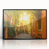 Large abstract wall art depicting a stylized Rome landscape in muted earth tones on a black framed acrylic.