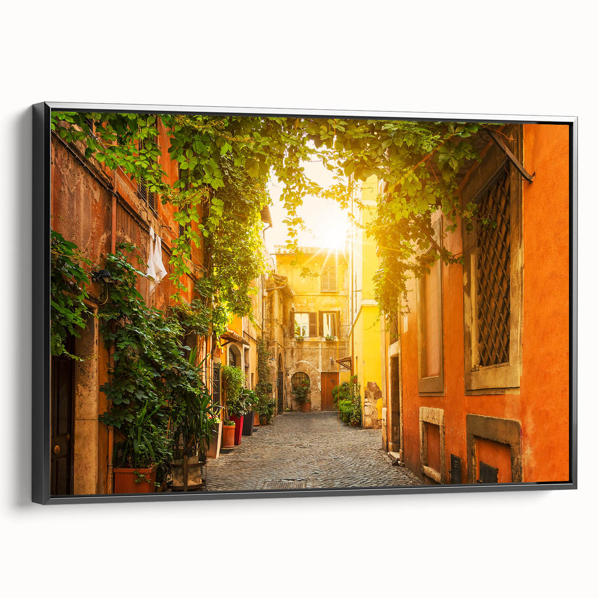 Black and white framed canvas featuring a vintage poster-style landscape of Rome, ideal for bedroom wall decor.