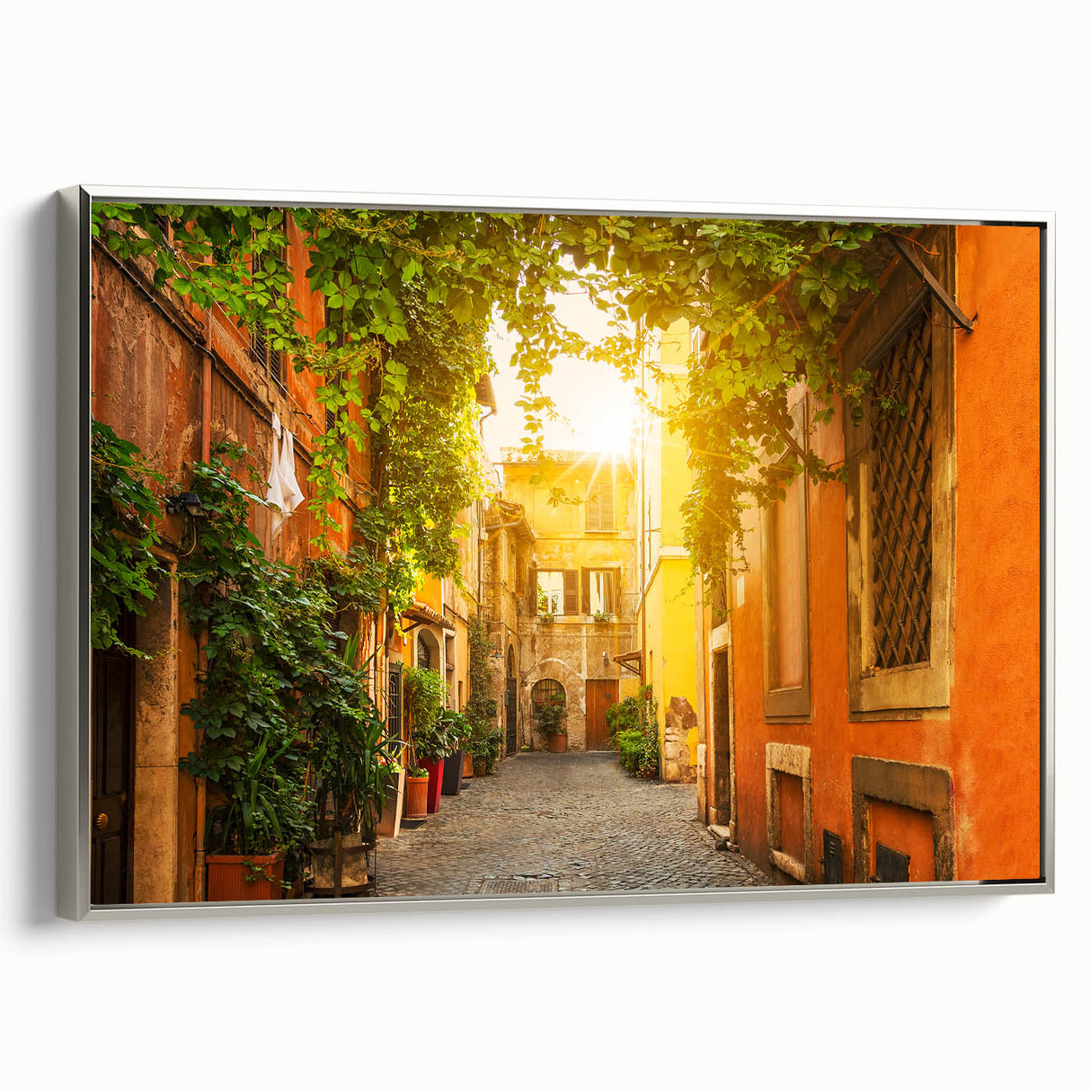 Framed canvas of a vintage-style Rome landscape with colorful art on a black background, ideal for office decor.