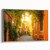Framed canvas of a vintage-style Rome landscape with colorful art on a black background, ideal for office decor.