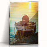Acrylic print of a Sicilian landscape in muted earth tones, framed in silver, suitable for modern art wall decor.
