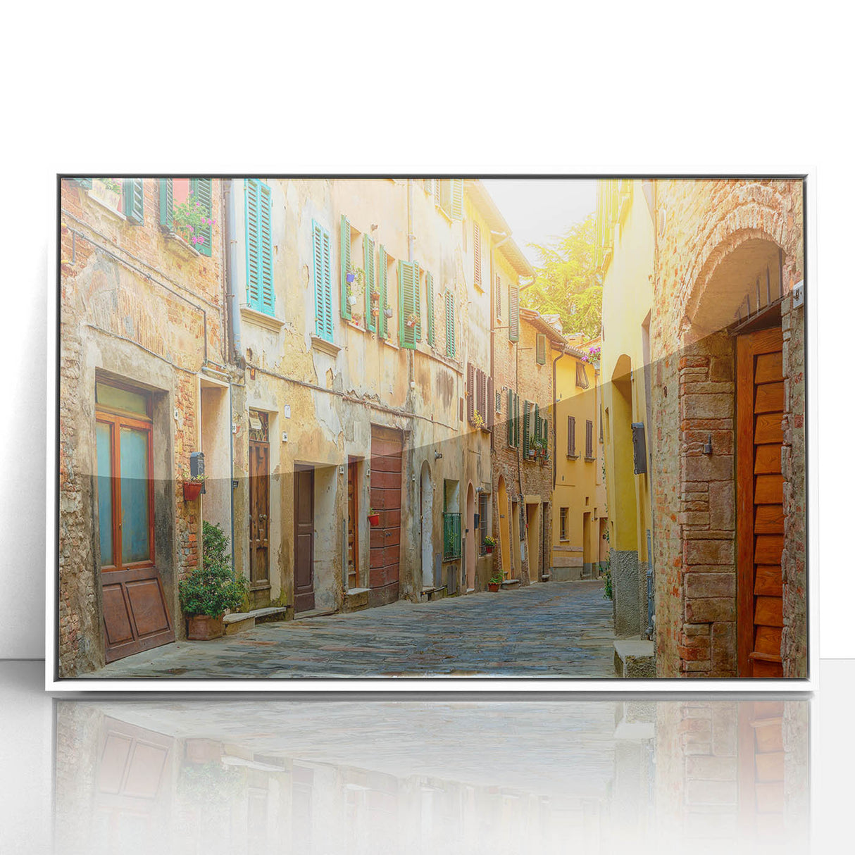 Framed acrylic print of a Tuscan landscape in muted earth tones, styled in mid-century modernist art.